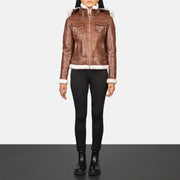 Women's Fiona Brown Hooded Shearling Leather Jacket - Seitenansicht mit ergonomischem Ärmelschnitt
