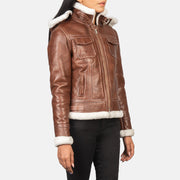 Detailansicht of High Neck with Belt &amp; Zipper Hardware on Women's Fiona Brown Hooded Shearling Leather Jacket