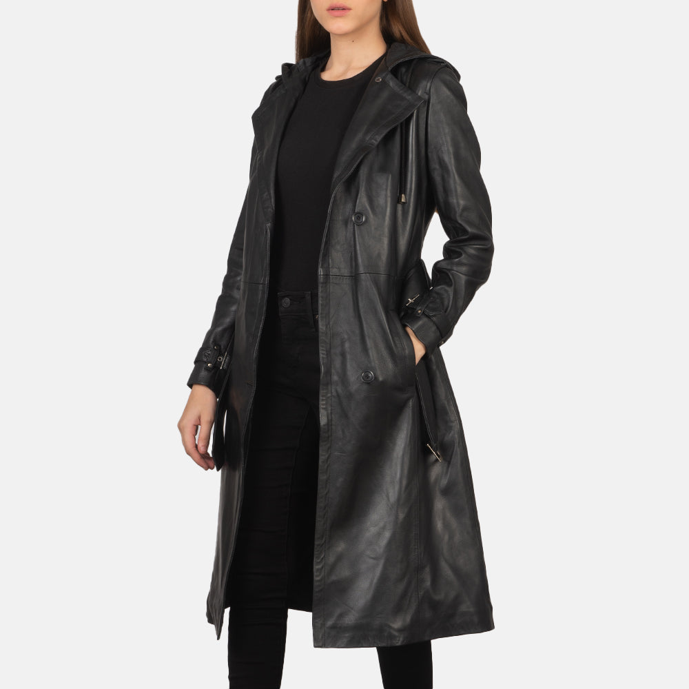
Fixon Hooded Schwarz Leder-Trenchcoat für Damen in Black Sheepskin Leather - Vorderansicht & maßgeschneiderte Silhouette | Online Kaufen