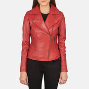 Women's Flashback Red Leather Biker Jacket in Red Sheepskin Leather - Vorderansicht &amp; maßgeschneiderte Silhouette | Online Kaufen
