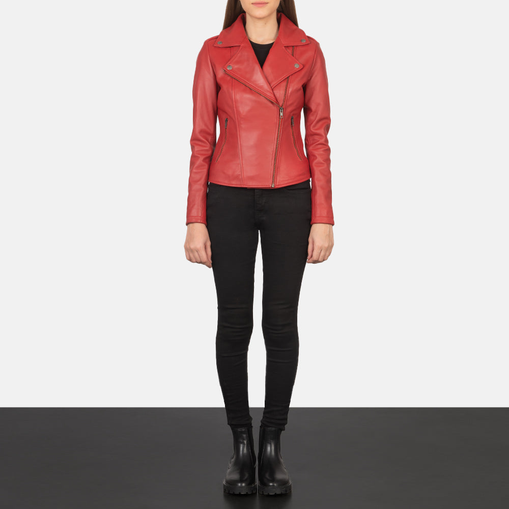 Detailansicht of Notch &amp; Zipper Hardware on Women's Flashback Red Leather Biker Jacket