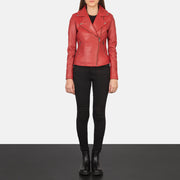 Detailansicht of Notch &amp; Zipper Hardware on Women's Flashback Red Leather Biker Jacket
