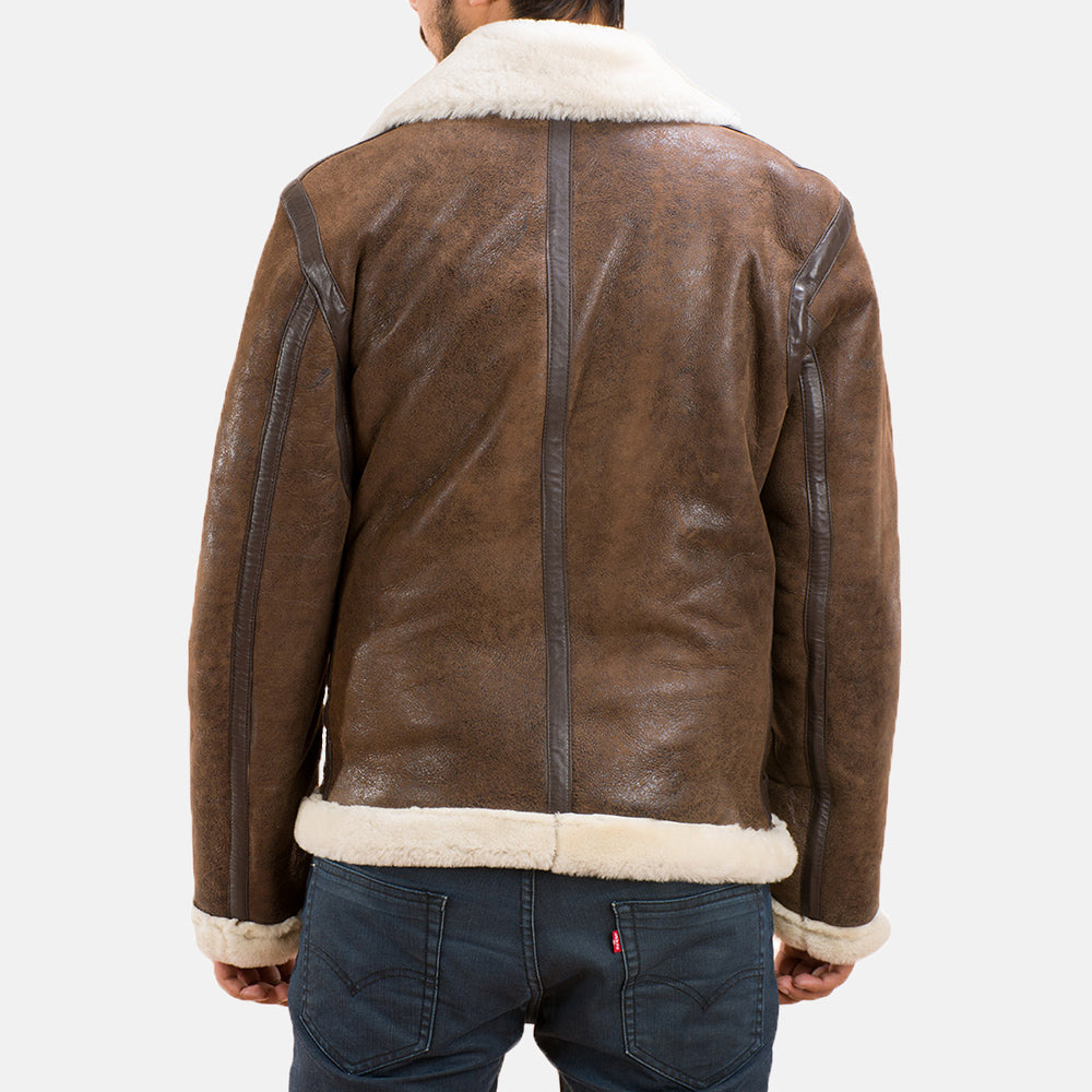 Distressed Brown Sheepskin Leather Aviator Jacket - Rückansicht mit passgenauen Schultern &amp; sauberem Saum