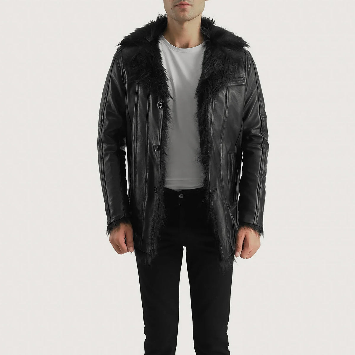Men's Furcliff Schwarz Ledermantel für Herren - Seitenansicht mit ergonomischem Ärmelschnitt