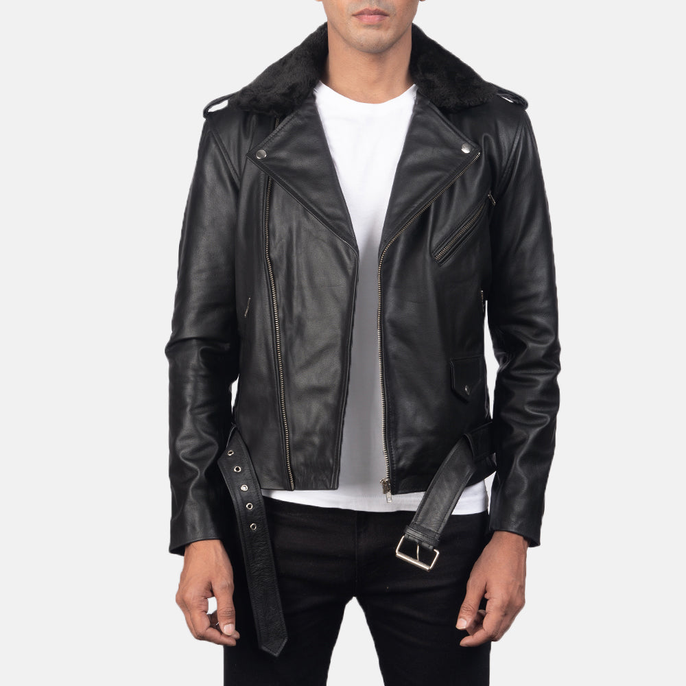 Men's Furton Black Leather Biker Jacket in Black Cowhide Leather - Vorderansicht &amp; maßgeschneiderte Silhouette | Online Kaufen