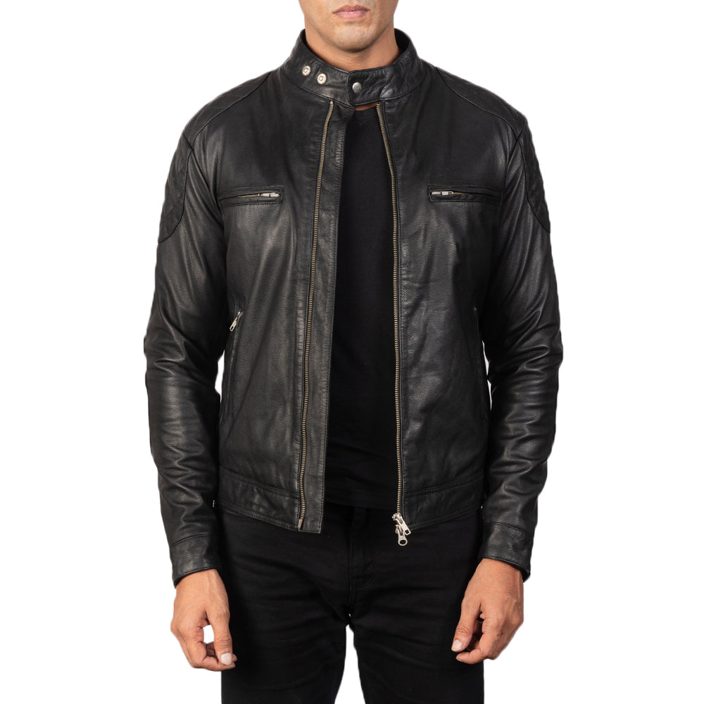 Men's Gatsby Quilted Black Leather Biker Jacket in Black Goatskin Leather - Vorderansicht &amp; maßgeschneiderte Silhouette | Online Kaufen