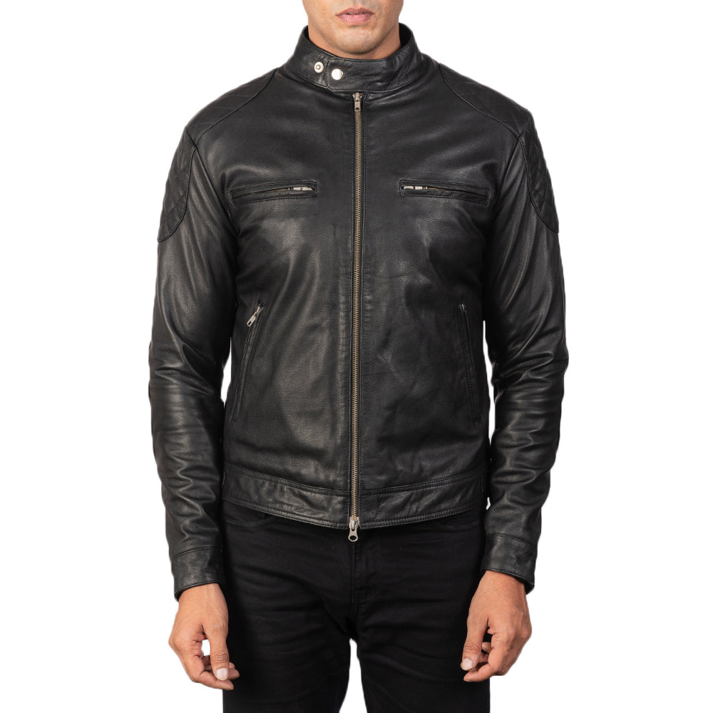 Detailansicht of Band with snap buttons &amp; Zipper Hardware on Men's Gatsby Quilted Black Leather Biker Jacket