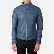 Detailansicht of Band with snap buttons &amp; Zipper Hardware on Men's Gatsby Quilted Blue Leather Biker Jacket