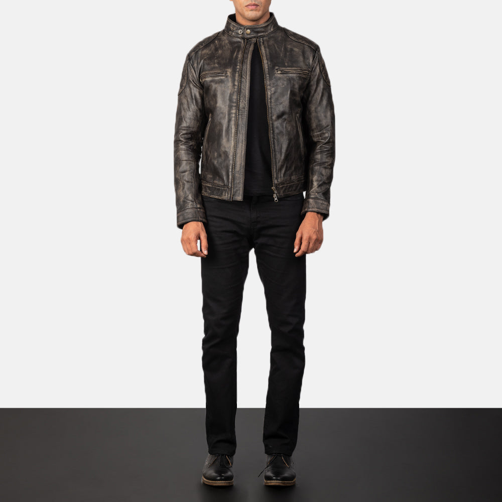 Detailansicht of Band with snap buttons &amp; Zipper Hardware on Men's Gatsby Quilted Distressed Brown Leather Jacket