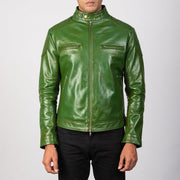 Men's Gatsby Quilted Green Leather Biker Jacket - Seitenansicht mit ergonomischem Ärmelschnitt