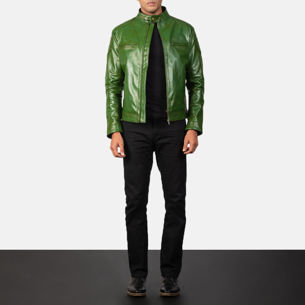 Detailansicht of Band with snap buttons &amp; Zipper Hardware on Men's Gatsby Quilted Green Leather Biker Jacket