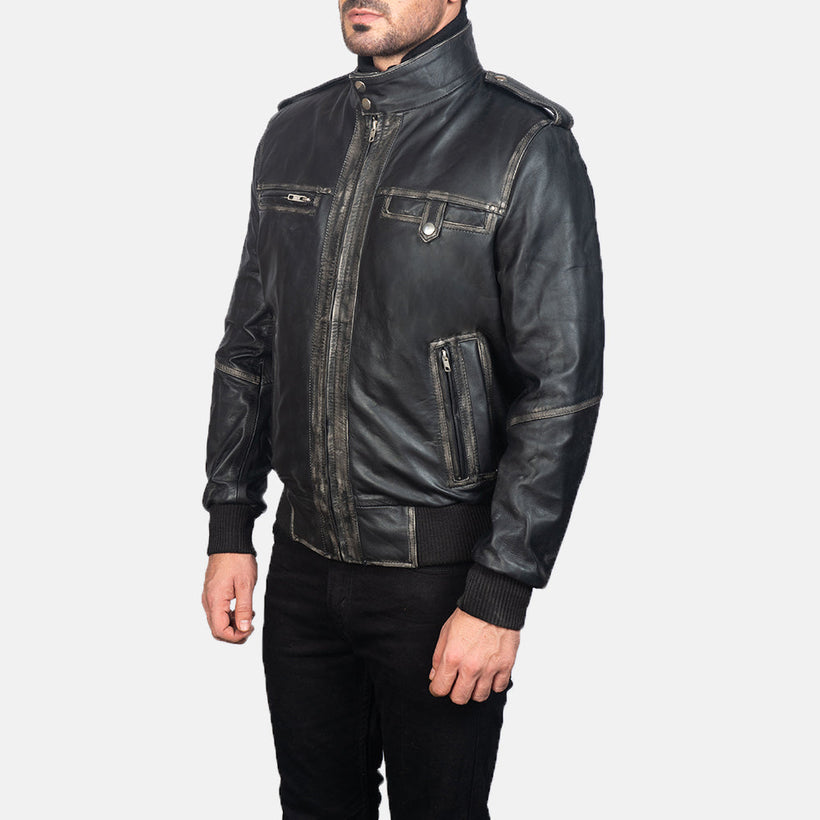 Glen Street Schwarz Leder-Bomberjacke für Herren