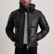 
Gordon Tan Hooded Leather Puffer Jacket in Tan Brown Sheepskin Leather - Vorderansicht & maßgeschneiderte Silhouette | Online Kaufen