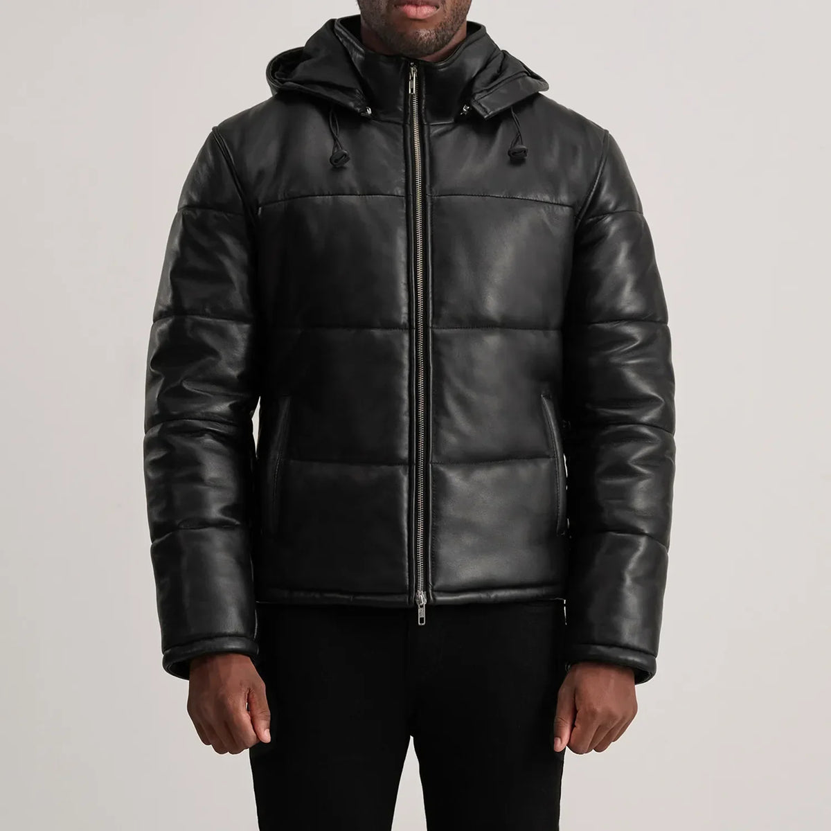 
Detailansicht of High neck & Zipper Hardware on Gordon Tan Hooded Leather Puffer Jacket