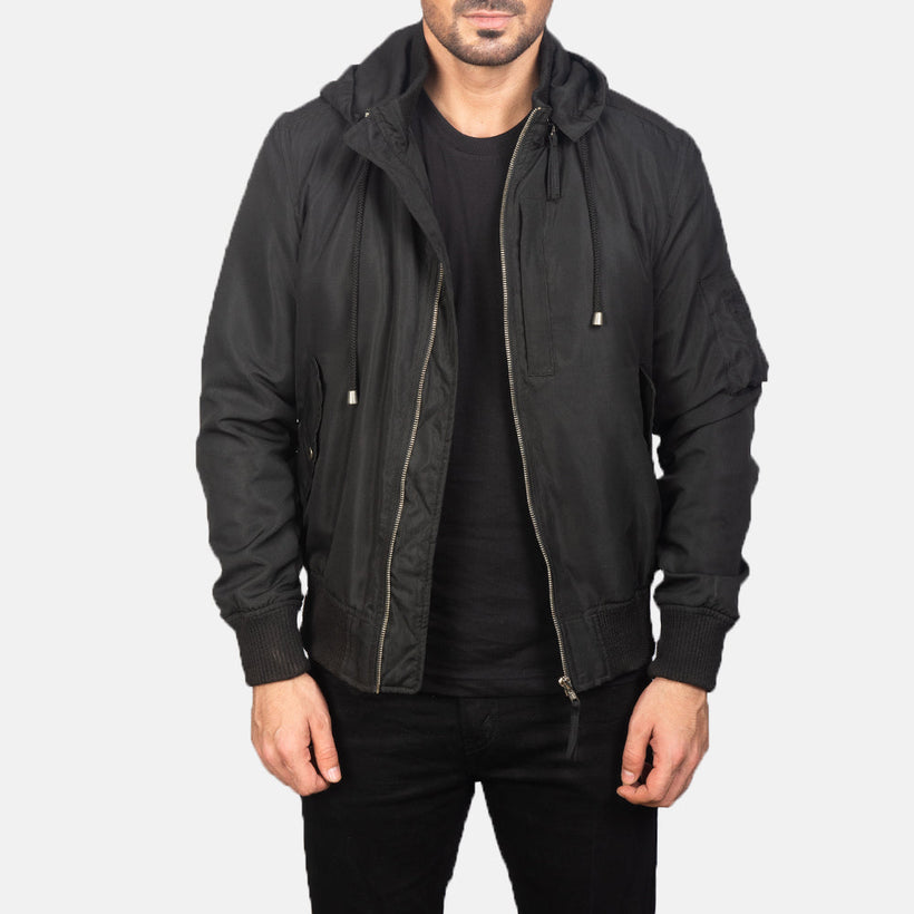 Hanklin MA-1 Schwarz Hooded Leder-Bomberjacke für Herren