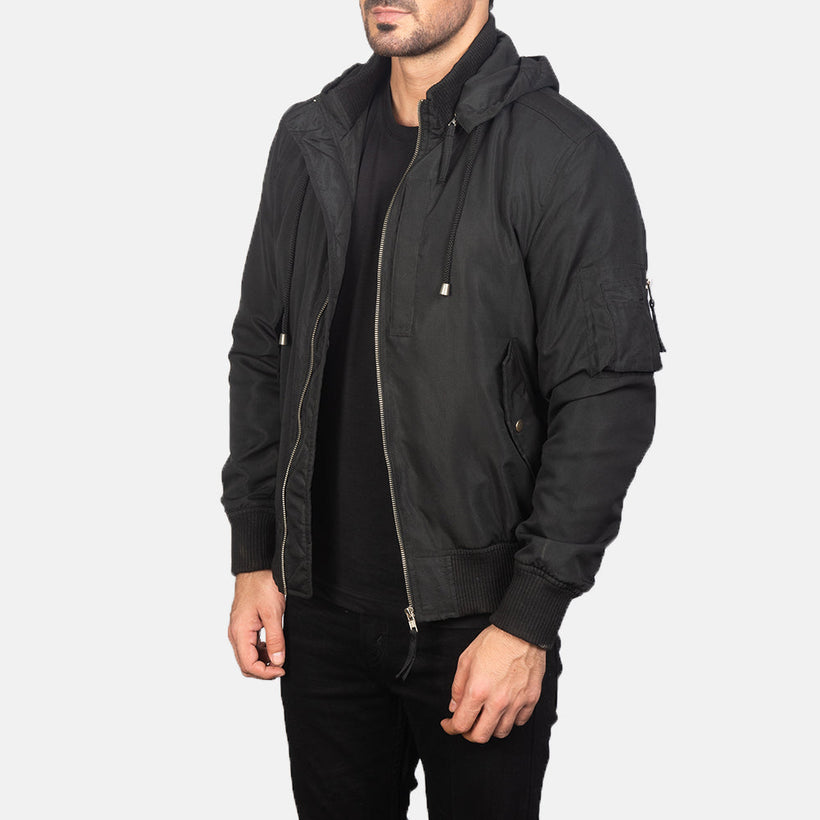 Hanklin MA-1 Schwarz Hooded Leder-Bomberjacke für Herren