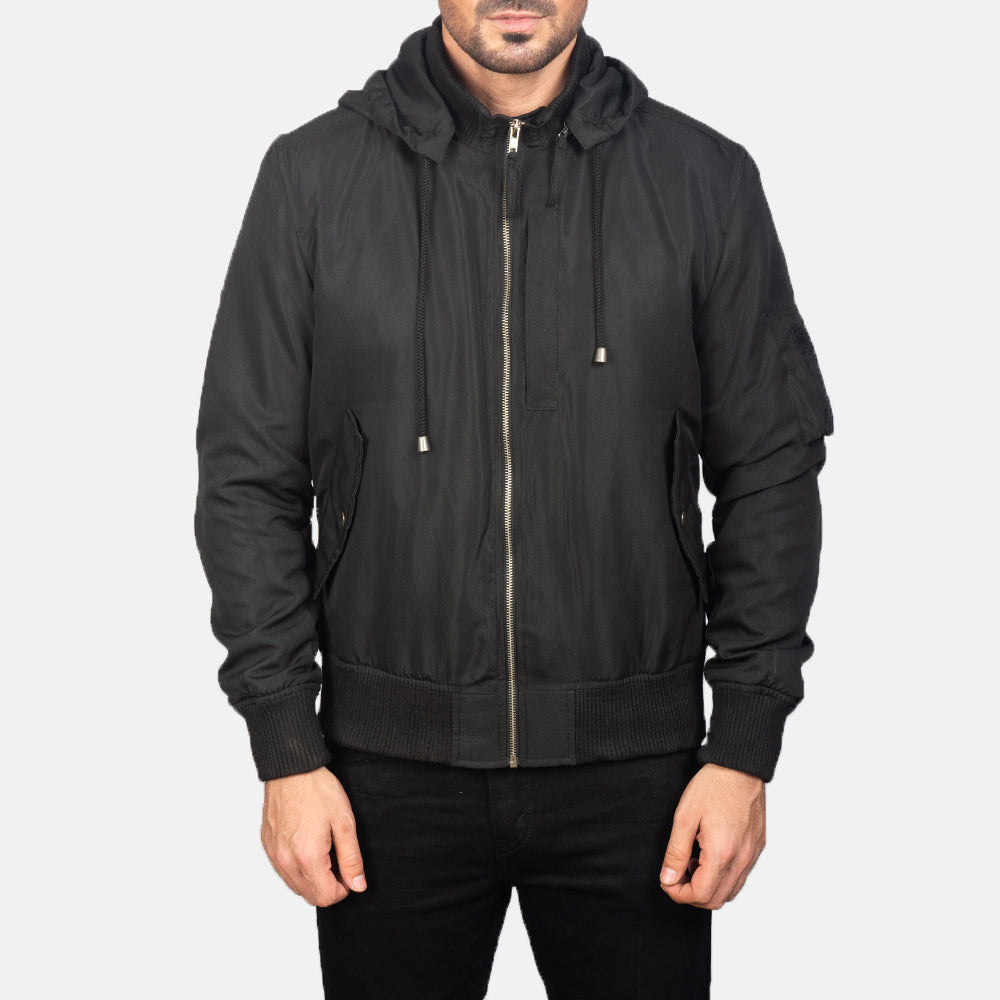 Detailansicht of Knit Rib with Removable Polyester Hood &amp; Zipper Hardware on Men's Hanklin Ma-1 Black Hooded Bomber Jacket
