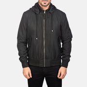 Detailansicht of Knit Rib with Removable Polyester Hood &amp; Zipper Hardware on Men's Hanklin Ma-1 Black Hooded Bomber Jacket