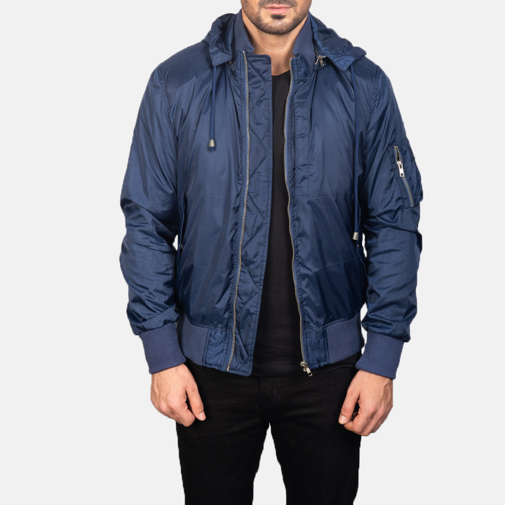 Men's Blue Hooded Bomber Jacket in Blue Nylon - Vorderansicht &amp; maßgeschneiderte Silhouette | Online Kaufen