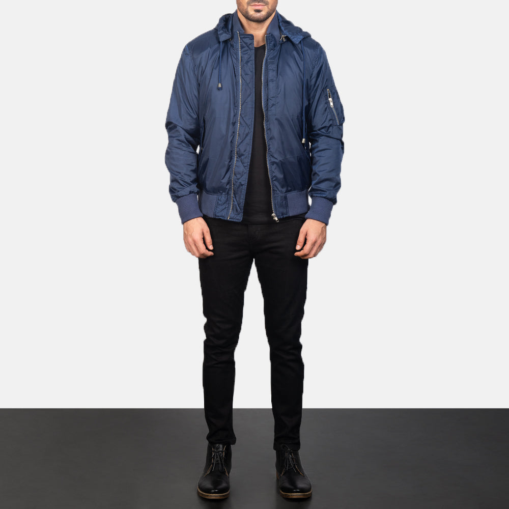 Men's Blue Hooded Bomber Jacket - Seitenansicht mit ergonomischem Ärmelschnitt