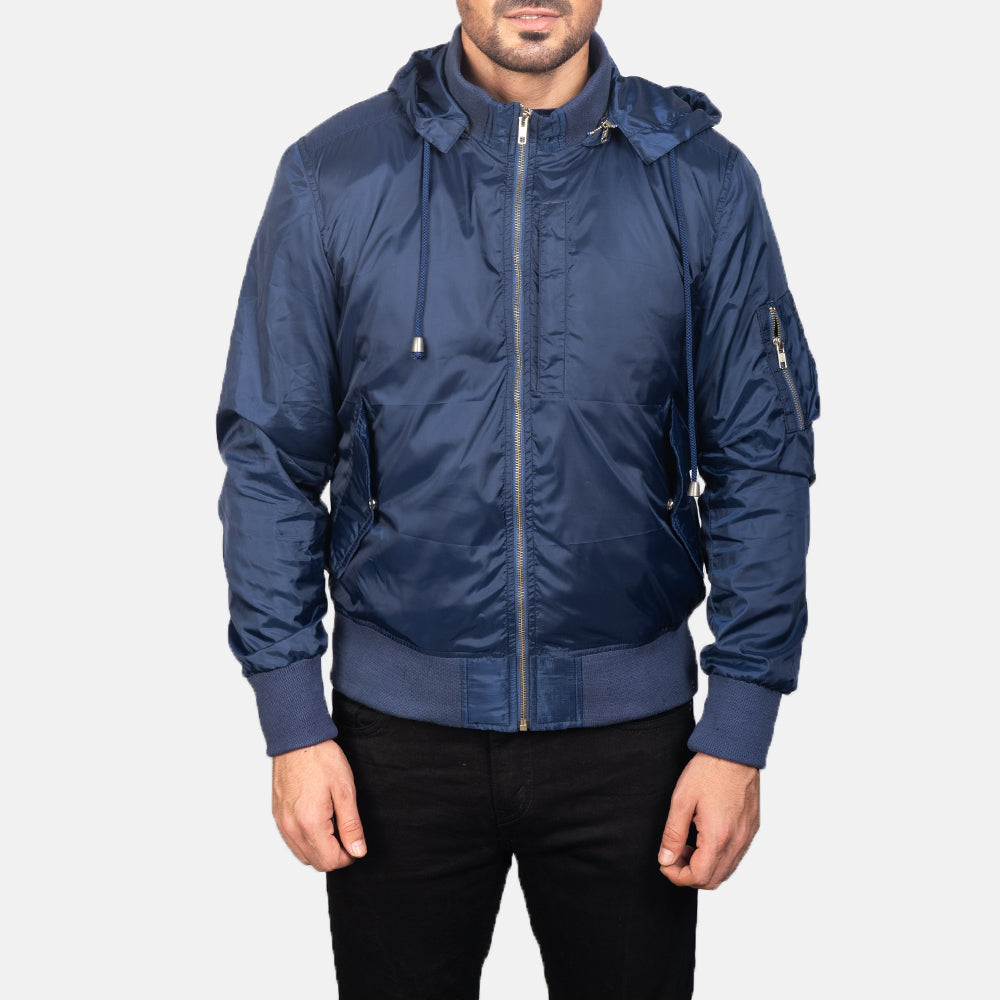 Detailansicht of Knit Rib with Removable Nylon Hood &amp; Zipper Hardware on Men's Blue Hooded Bomber Jacket