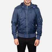 Detailansicht of Knit Rib with Removable Nylon Hood &amp; Zipper Hardware on Men's Blue Hooded Bomber Jacket