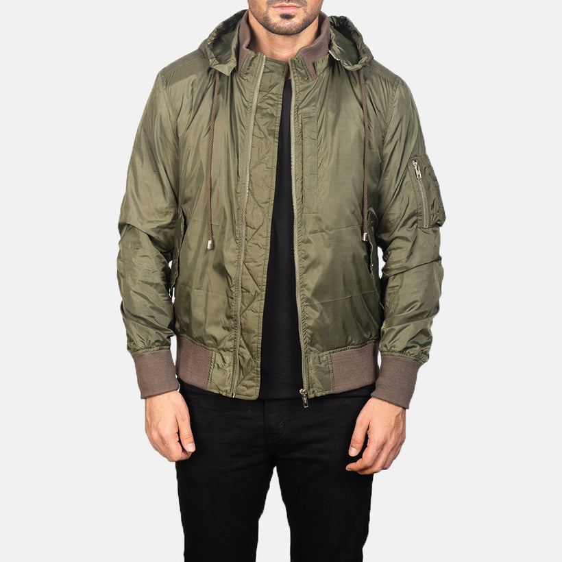 Hanklin MA-1 Grün Hooded Leder-Bomberjacke für Herren