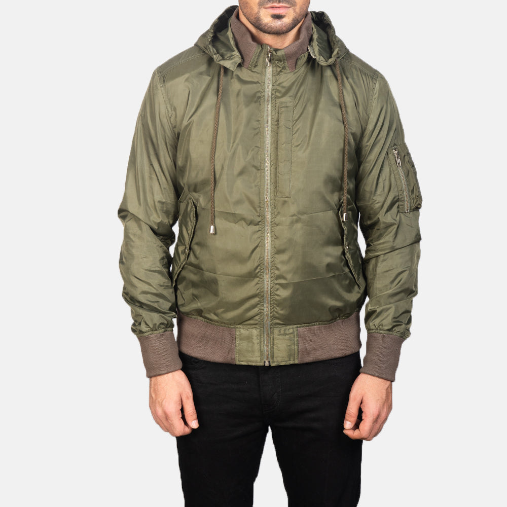 
Detailansicht of Knit Rib with Removable Nylon Hood & Zipper Hardware on Hanklin Ma-1 Green Hooded Bomber Jacket