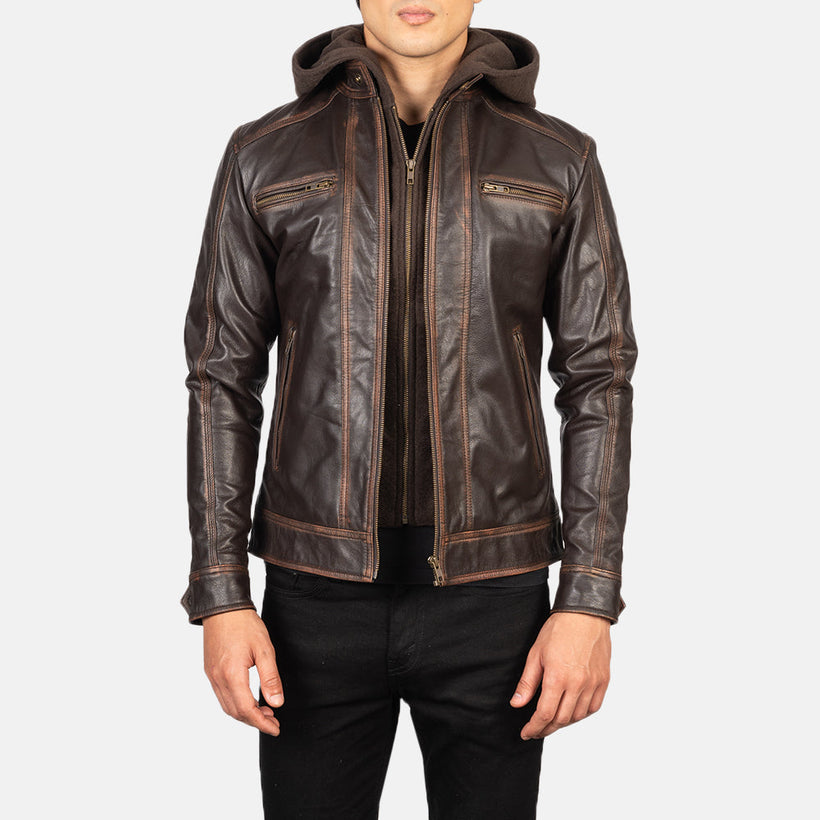 Hector Vintage Braun Hooded Leder-Bikerjacke für Herren