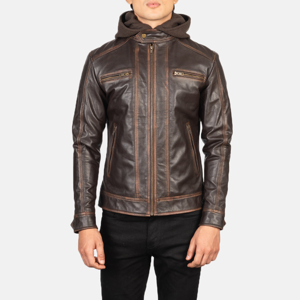 
Detailansicht of Band with Snap Button & Zipper Hardware on Hector Vintage-Braun Hooded Leder-Bikerjacke für Herren