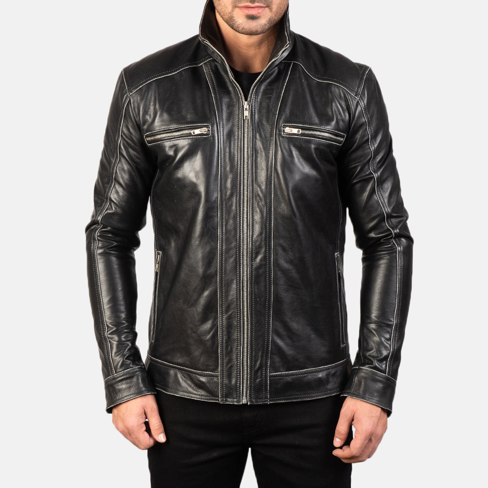 
Detailansicht of High neck Band & Zipper Hardware on Hudson Black Leather Biker Jacket