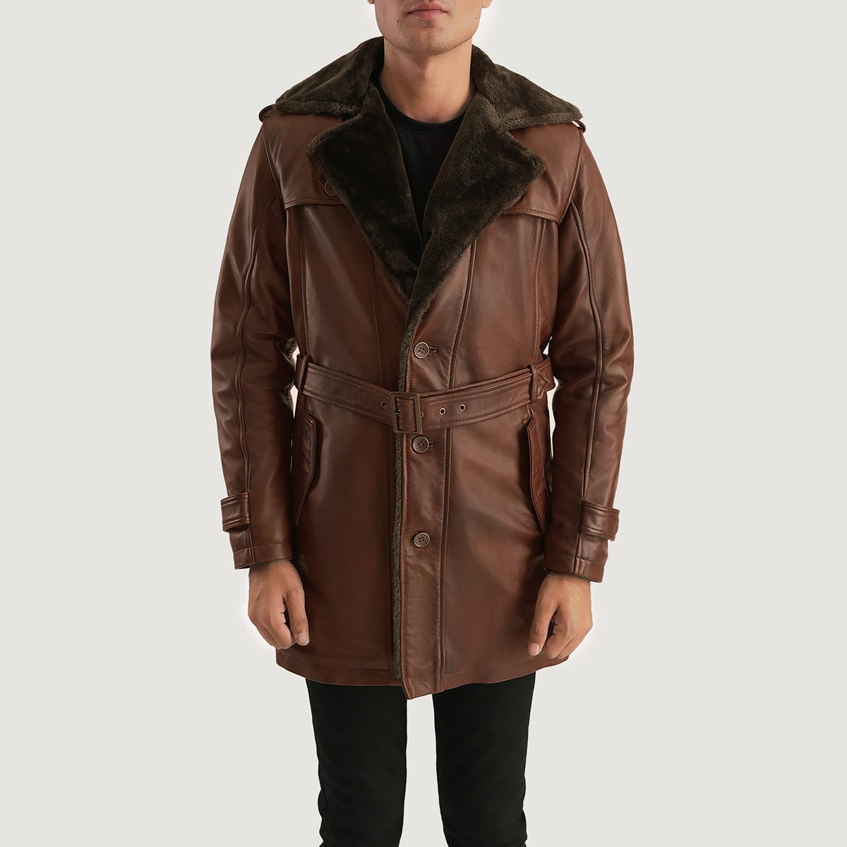 
Hunter Vintage-Braun Fur Ledermantel für Herren - Vorderansicht & maßgeschneiderte Silhouette | Online Kaufen