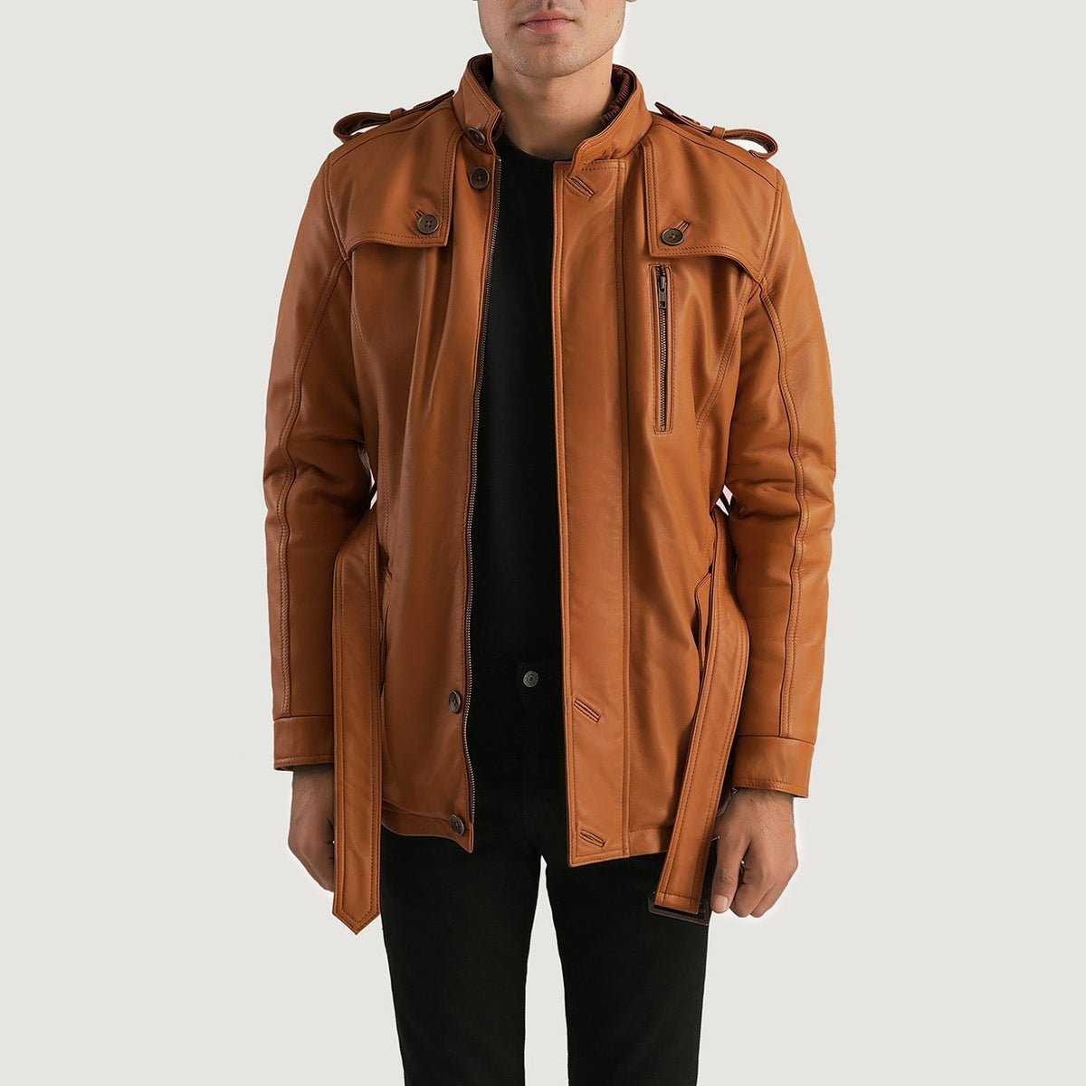 Hunter Hellbraun Braun Fur Lederjacke für Herren in Tan Brown Sheepskin Leather - Vorderansicht &amp; maßgeschneiderte Silhouette | Online Kaufen