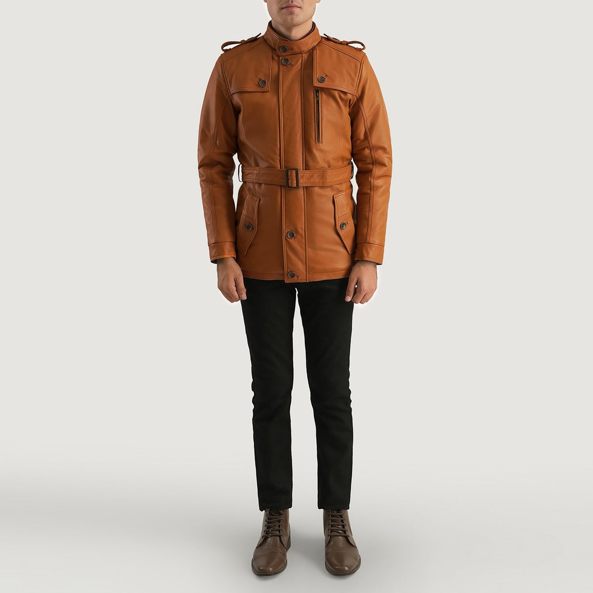 Hunter Hellbraun Braun Fur Lederjacke für Herren - Seitenansicht mit ergonomischem Ärmelschnitt