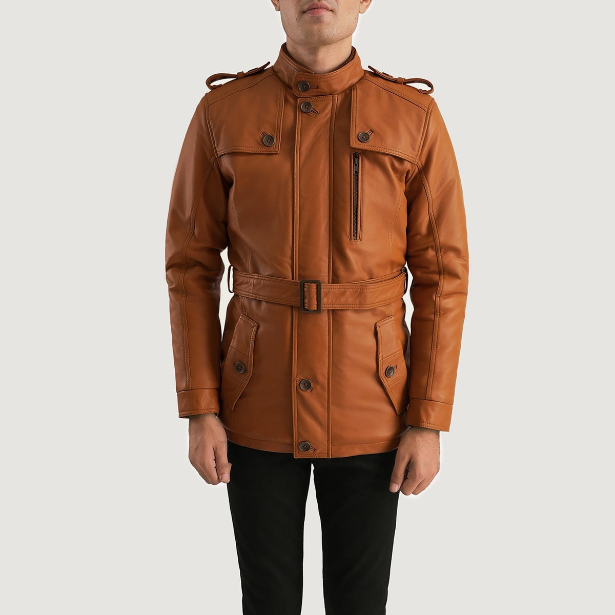 Detailansicht of Band (Buttoned) &amp; Zipper with Button Flap Hardware on Hunter Hellbraun Braun Fur Lederjacke für Herren
