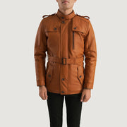 Detailansicht of Band (Buttoned) &amp; Zipper with Button Flap Hardware on Hunter Hellbraun Braun Fur Lederjacke für Herren