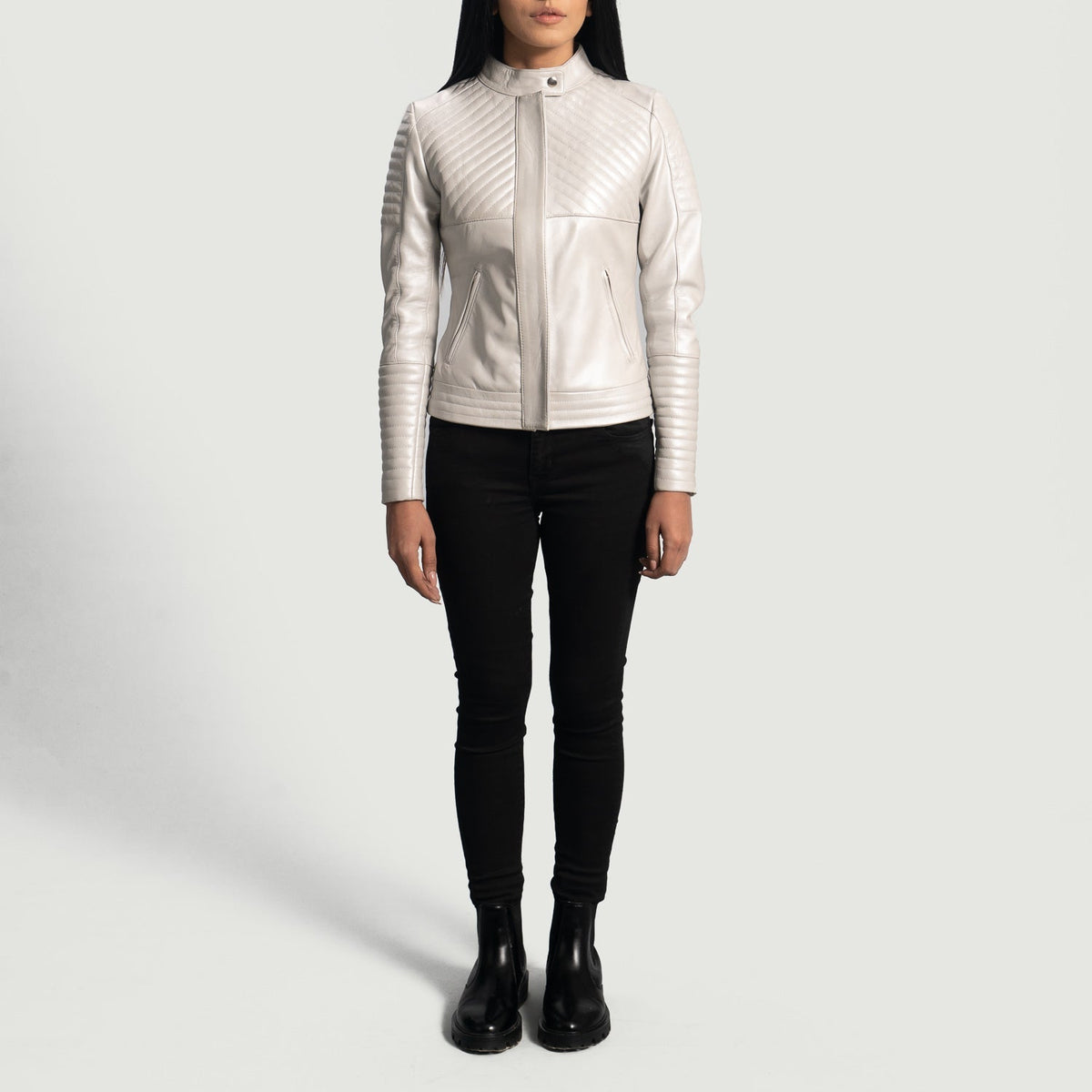Close-Up Detail of Band with snap button & Zipper Hardware on Women's Ice Maiden Silver Quilted Leather Biker Jacket