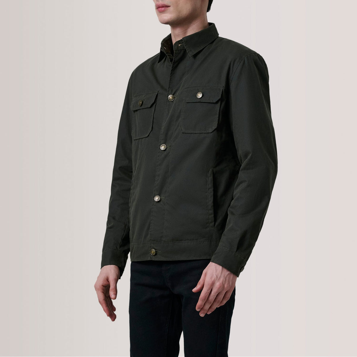 Irwin Olive Waxed Canvas Field Lederjacke für Herren For Men - Seitenansicht mit ergonomischem Ärmelschnitt