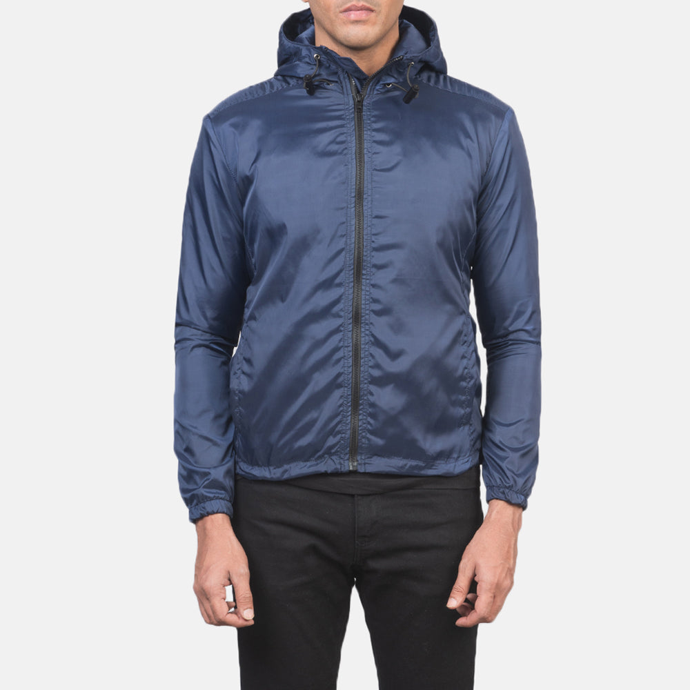 Jimmy Blue Hooded Windbreaker Jacket in Blue Nylon - Vorderansicht & maßgeschneiderte Silhouette | Online Kaufen