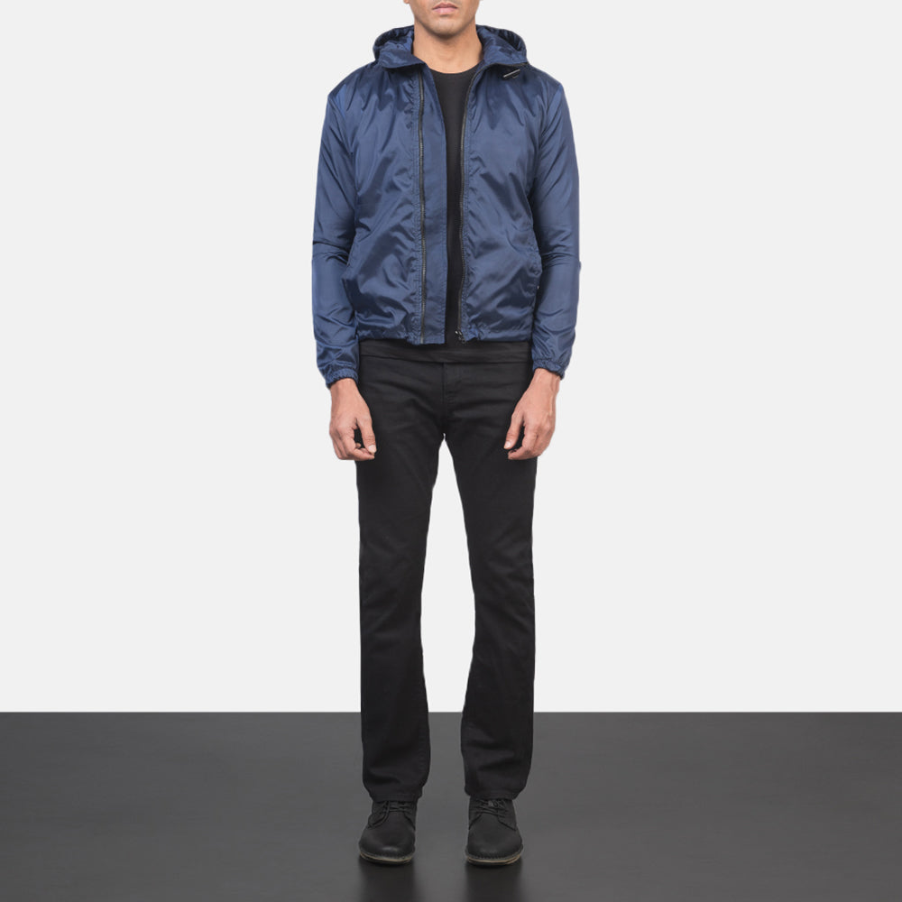 
Jimmy Blau Hooded Windbreaker Lederjacke für Herren - Seitenansicht mit ergonomischem Ärmelschnitt & sportlicher Passform