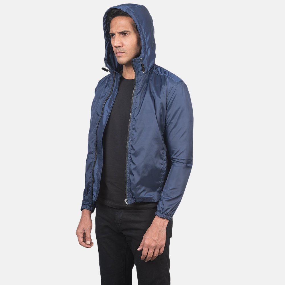 Detailansicht of High Neck with Hood & Zipper with wind flap Hardware on Jimmy Blue Hooded Windbreaker Jacket