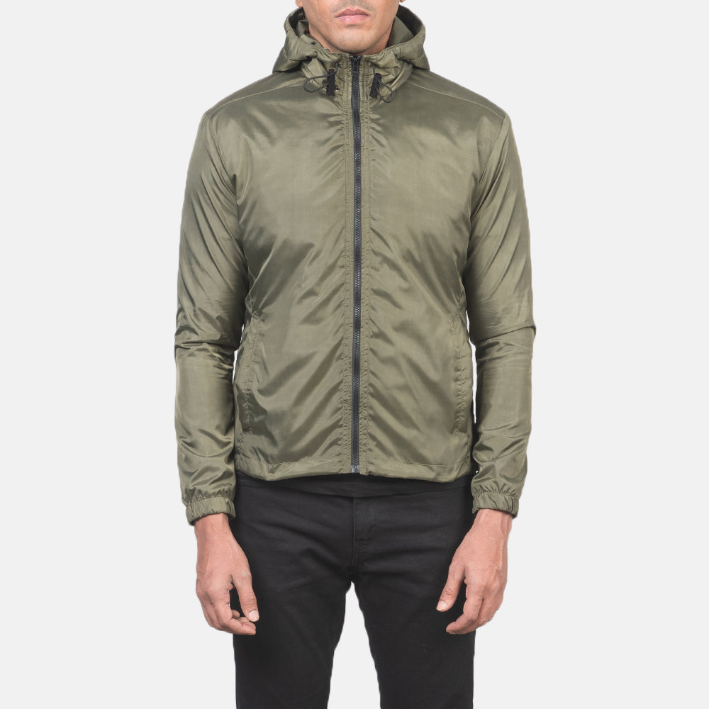 Detailansicht of High Neck with Hood & Zipper with wind flap Hardware on Jimmy Green Hooded Windbreaker Jacket