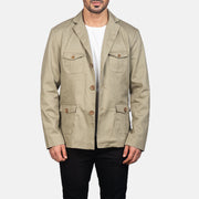 Kajetan Beige Safari Lederjacke für Herren in Beige Poly-Cotton - Vorderansicht &amp; maßgeschneiderte Silhouette | Online Kaufen
