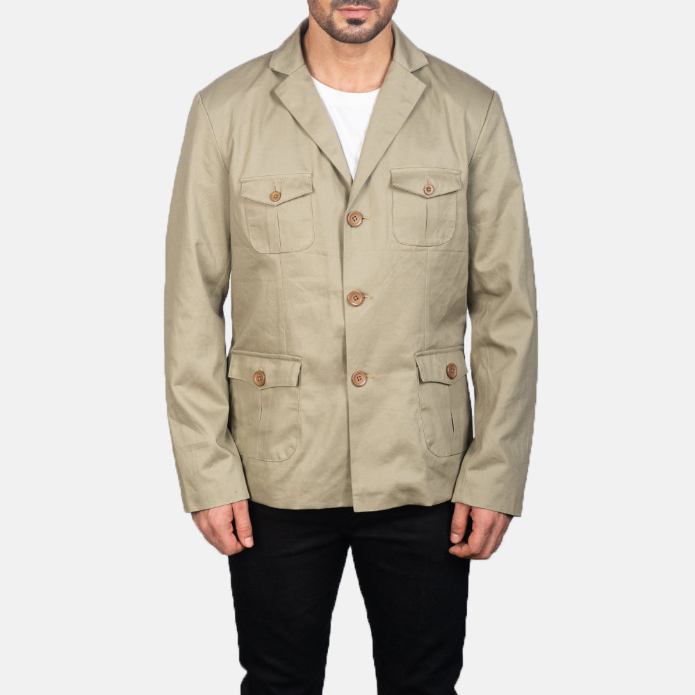 Detailansicht of Notch &amp; Button Hardware on Kajetan Beige Safari Lederjacke für Herren
