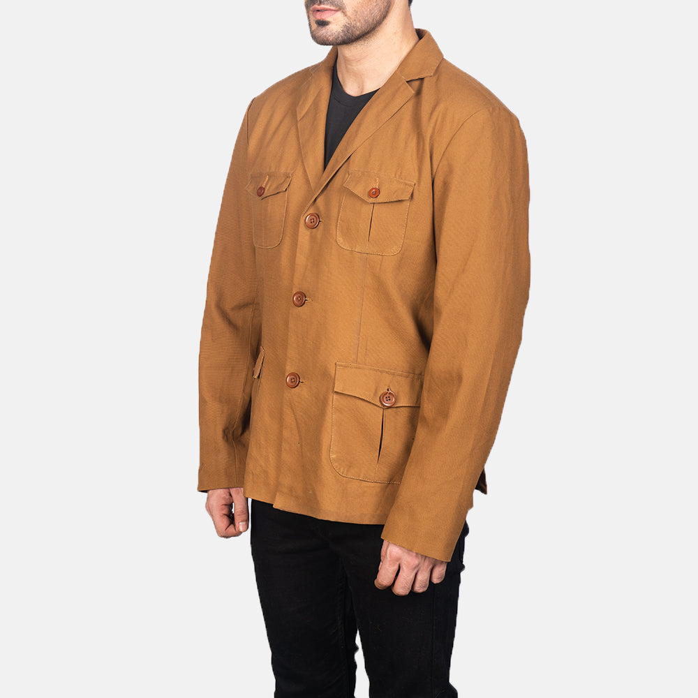 Khaki Poly-Cotton Leather Blazer - Rückansicht mit passgenauen Schultern &amp; sauberem Saum