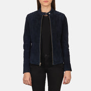 Women's Kelsee Navy Blue Suede Biker Jacket in Navy Blue Goatskin Suede - Vorderansicht &amp; maßgeschneiderte Silhouette | Online Kaufen