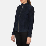 Navy Blue Goatskin Suede Biker Jacket - Rückansicht mit passgenauen Schultern &amp; sauberem Saum