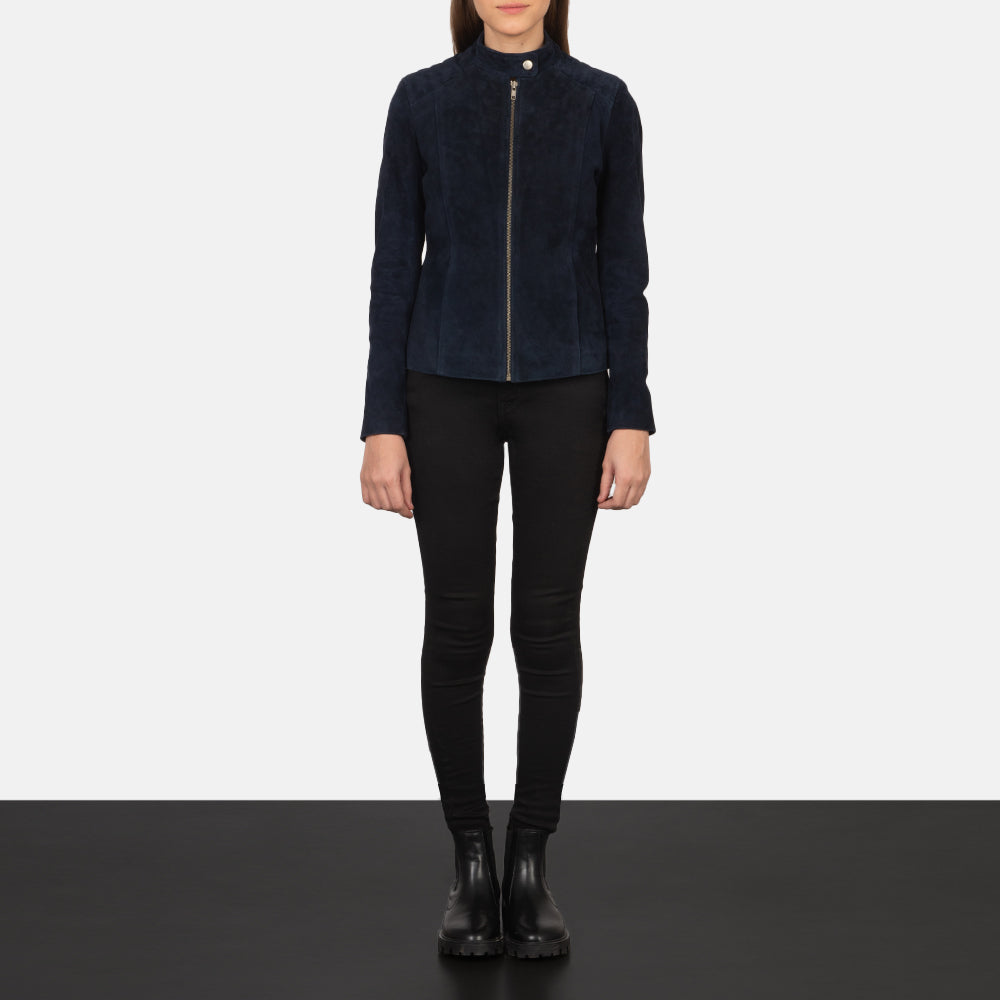Women's Kelsee Navy Blue Suede Biker Jacket - Seitenansicht mit ergonomischem Ärmelschnitt