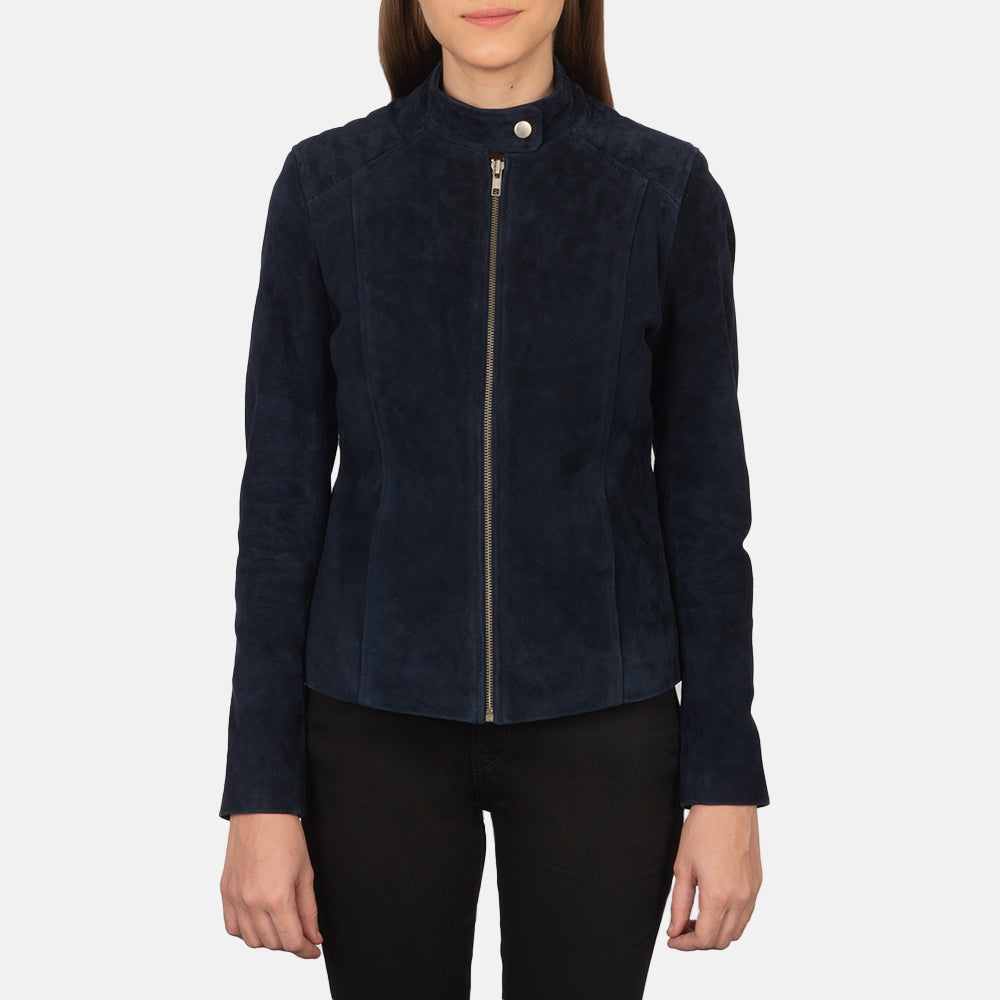 Detailansicht of Band with snap button &amp; Zipper Hardware on Women's Kelsee Navy Blue Suede Biker Jacket