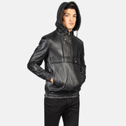 Detailansicht of Classic Collar &amp; Heavy-Duty Zipper Hardware on Men's Kenton Hooded Blue Suede Pullover Jacket